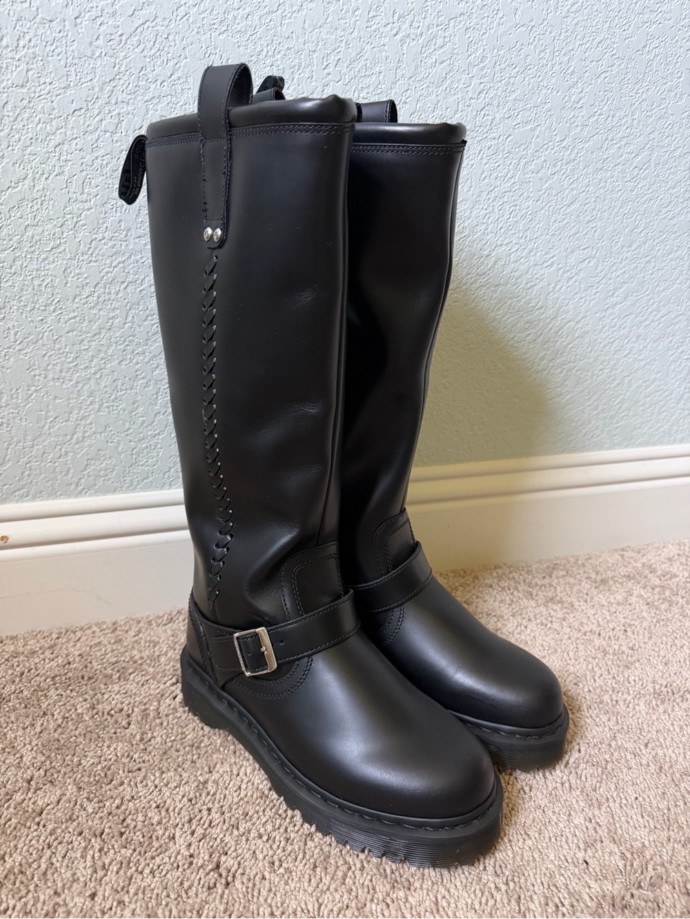 Dr Martens Black Knee-High Leather Boots (Anistone Biker Boots) size 8 Women’s